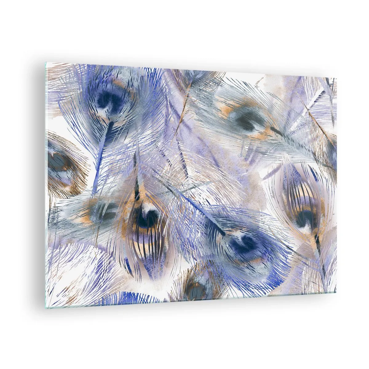 Schilderen op glas - Delicate pauwenveren in tinten blauw en bruin - 70x50cm - Pauwenogen compositie - Moderne wanddecoratie voor woonkamer en slaapkamer ARTTOR