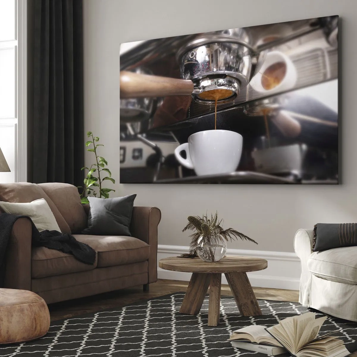 Schilderen op canvas - Close-up van een koffiezetapparaat dat een verse shot espresso bereidt - 70x50cm - Goede tijd van de dag - Moderne wanddecoratie voor woonkamer en slaapkamer ARTTOR