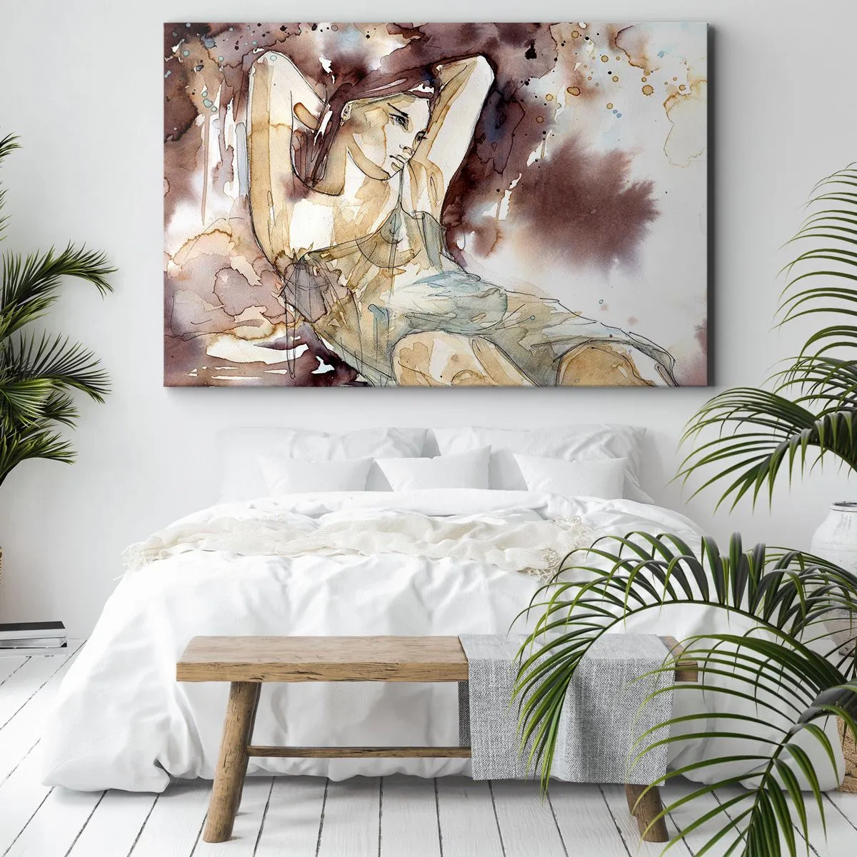 Schilderen op canvas - Vrouw in artistieke aquarelstijl met bruine achtergrond - 70x50cm - In een lila stemming - Moderne wanddecoratie voor woonkamer en slaapkamer ARTTOR