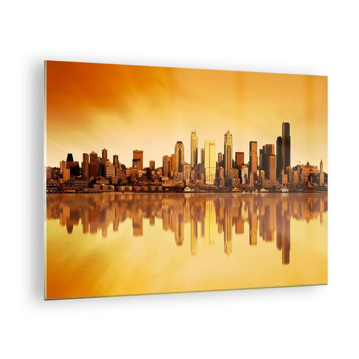 Schilderen op glas - Panorama van de stad in het gouden licht van de zonsondergang - 70x50cm - De stilte van de metropool - Moderne wanddecoratie voor woonkamer en slaapkamer ARTTOR