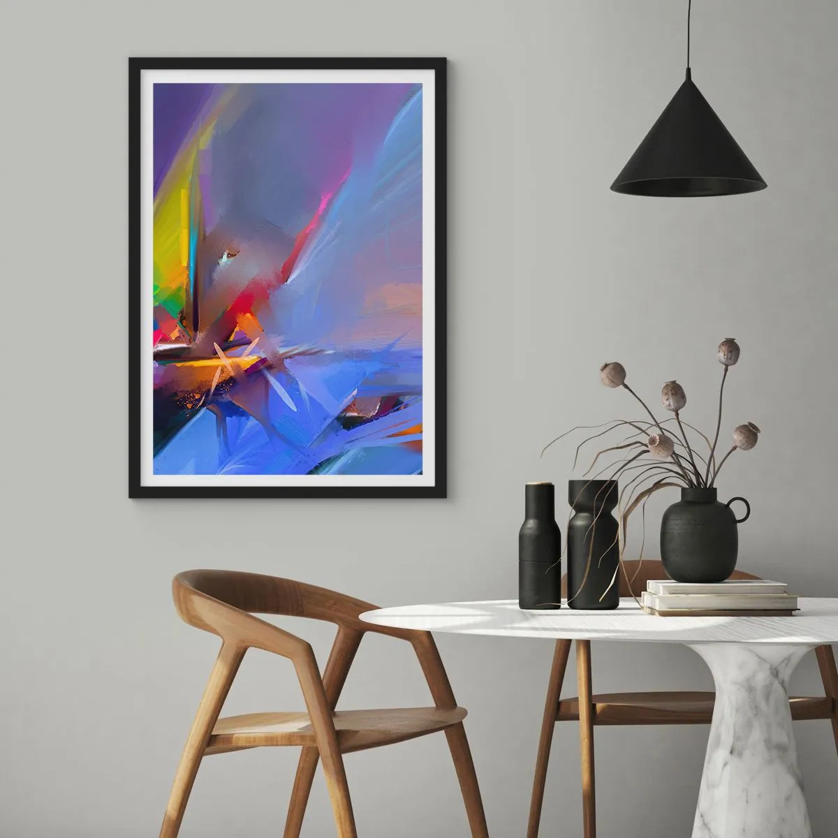 Poster in een zwarte lijst - Een abstract kleurenspel in een dynamische compositie - 50x70cm - Propellers als een vogel - Moderne wanddecoratie voor woonkamer en slaapkamer ARTTOR
