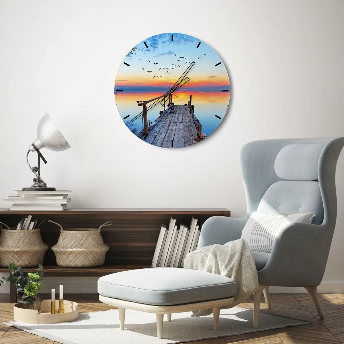 Wandklok - Klok - Een pier op het meer in de stralen van de ondergaande zon - 30x30cm - Het is tijd om terug te gaan... - Moderne wanddecoratie voor woonkamer, keuken en slaapkamer ARTTOR