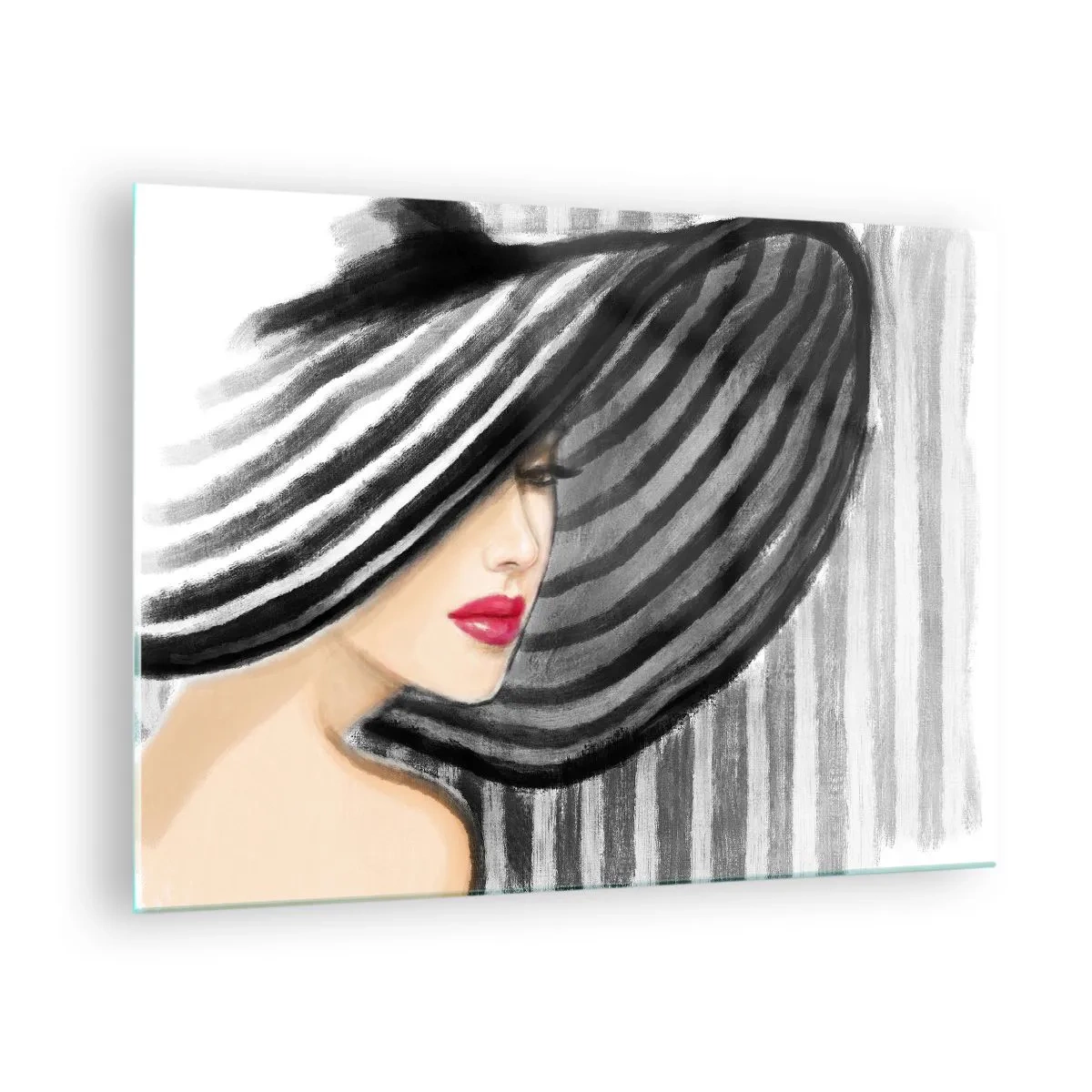 Schilderen op glas - Stijlvolle vrouw met een zwart-wit gestreepte hoed - 70x50cm - Waar moet je zoeken? - Moderne wanddecoratie voor woonkamer en slaapkamer ARTTOR