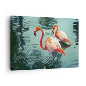 Schilderen op canvas - Twee flamingo's in het kalme water weerspiegelen hun omgeving - 70x50cm - We zijn nu in de mode - Moderne wanddecoratie voor woonkamer en slaapkamer ARTTOR