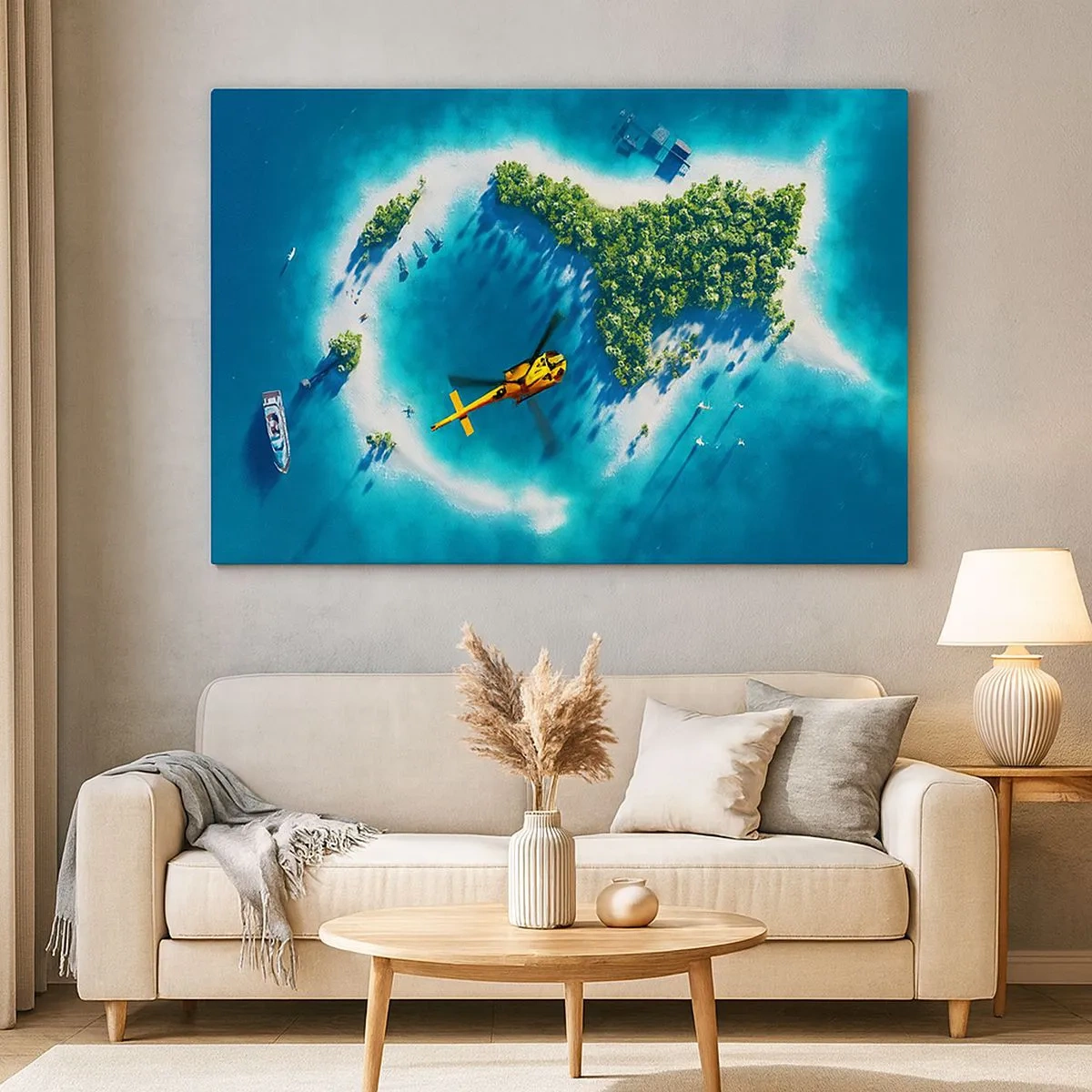 Schilderen op canvas - Een tropisch eiland omgeven door turquoise water met een helikopter in zicht - 70x50cm - Koop een eiland voor jezelf - Moderne wanddecoratie voor woonkamer en slaapkamer ARTTOR