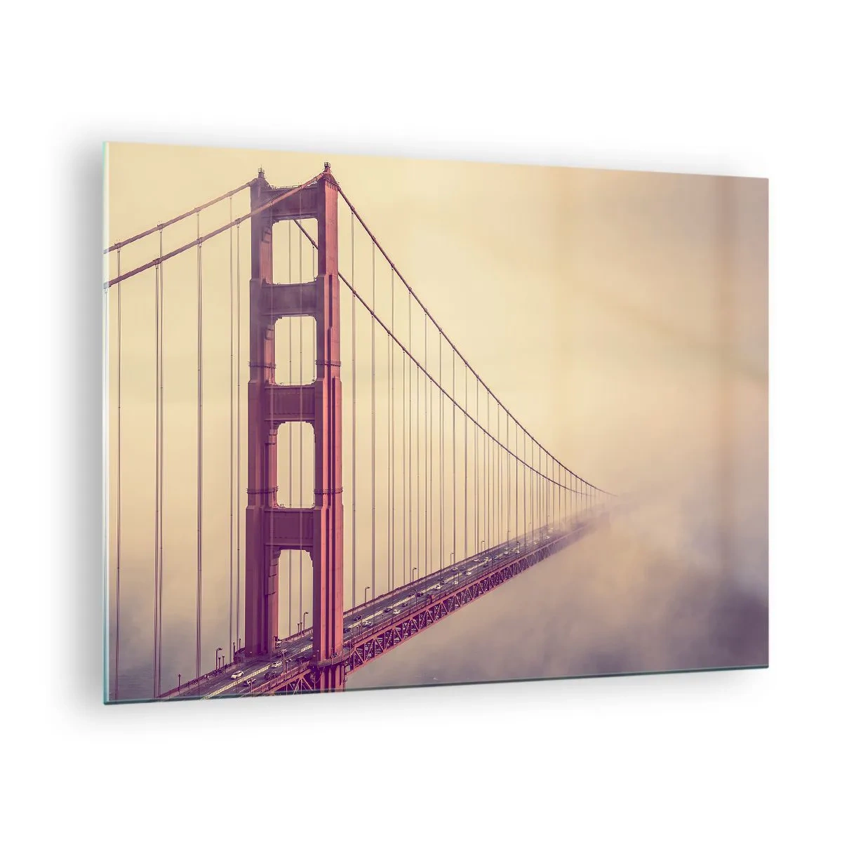 Schilderen op glas - De Golden Gate Bridge van San Francisco in een mistig landschap - 70x50cm - Tussen hemel en aarde - Moderne wanddecoratie voor woonkamer en slaapkamer ARTTOR