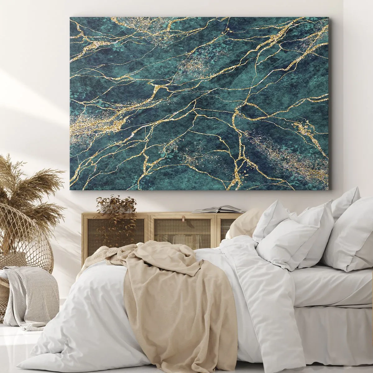 Schilderen op canvas - Gestructureerd marmerpatroon in tinten turquoise en goud - 70x50cm - Goudmijn - Moderne wanddecoratie voor woonkamer en slaapkamer ARTTOR