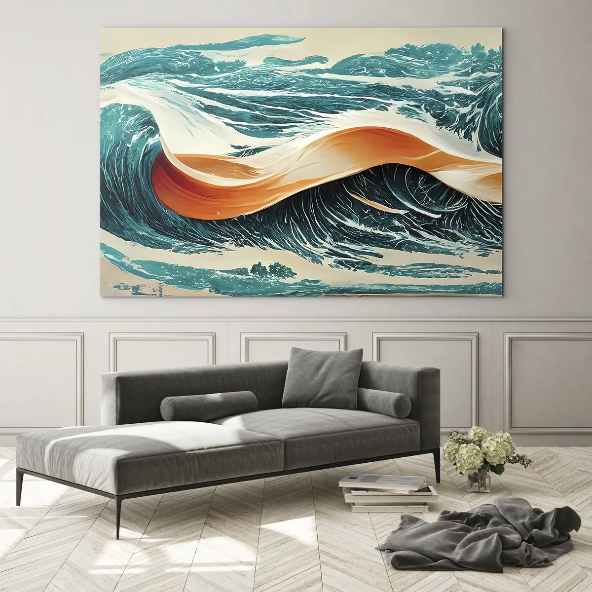 Schilderen op glas - Turquoise golven met een oranje lint in een surrealistische stijl - 70x50cm - De droom van elke surfer - Moderne wanddecoratie voor woonkamer en slaapkamer ARTTOR