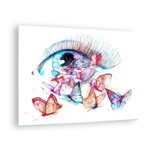Schilderen op glas - Het oog van een vrouw omringd door kleurrijke aquarelvlinders - 70x50cm - Sprookjesachtige ogen charme - Moderne wanddecoratie voor woonkamer en slaapkamer ARTTOR