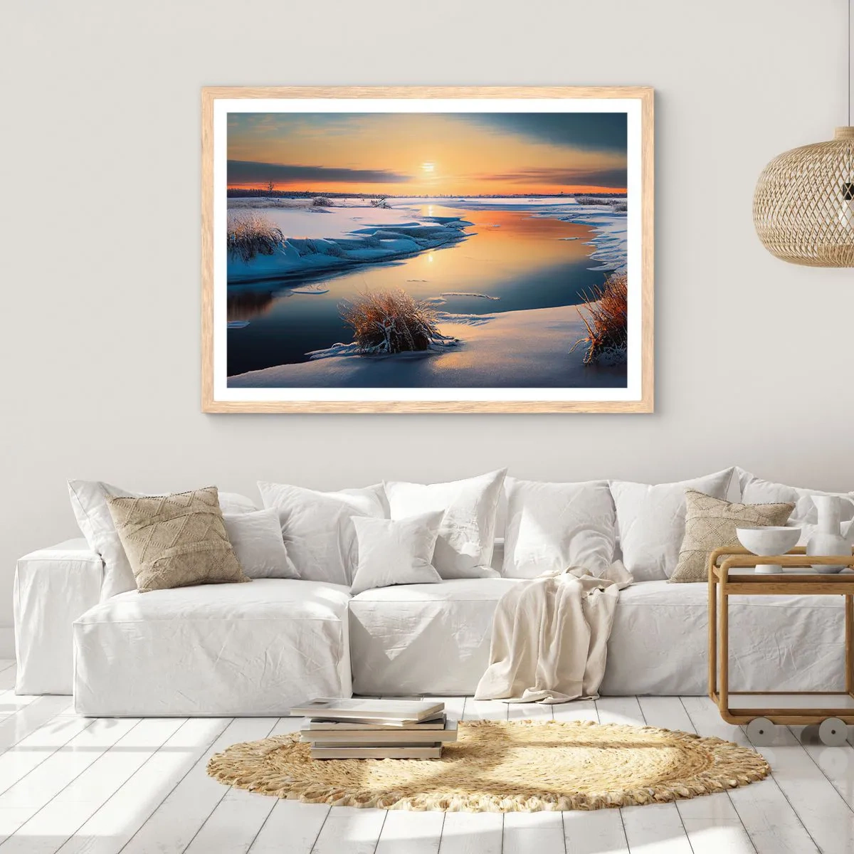Een poster in een licht eiken lijst - Winterse zonsondergang - 91x61 cm