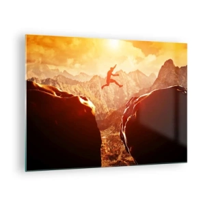Schilderen op glas - Over een kloof springen in een berglandschap bij zonsondergang - 70x50cm - Grenzen overschrijden - Moderne wanddecoratie voor woonkamer en slaapkamer ARTTOR