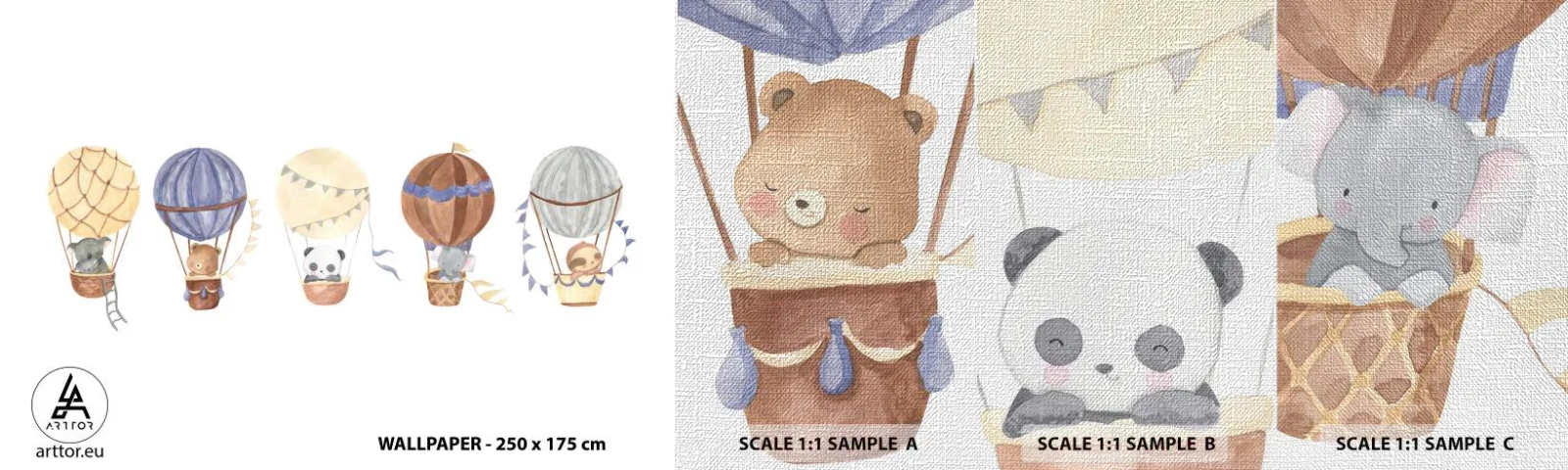 Fotobehang Monster Premium Canvas - Vrienden onderweg - Ballonnen, Dieren, Kinderen - 100x30 cm