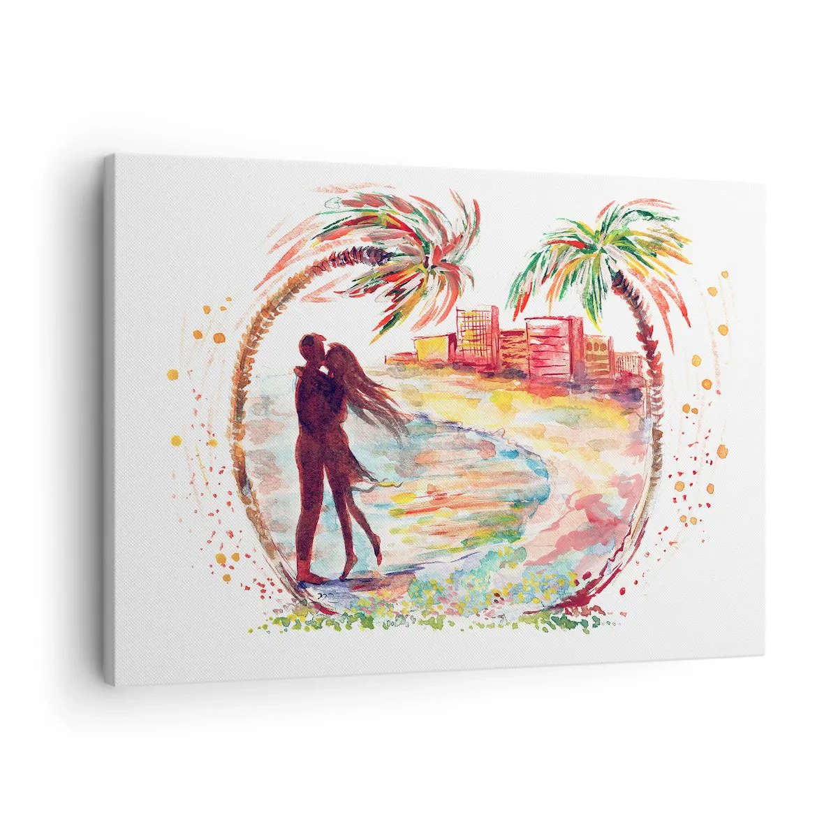Schilderen op canvas - Romantisch koppel op een strand met palmbomen in aquarel - 70x50cm - Romantische vakantie - Moderne wanddecoratie voor woonkamer en slaapkamer ARTTOR