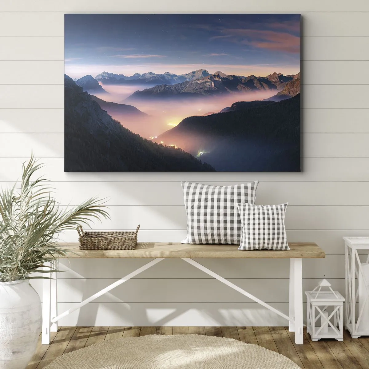 Schilderen op canvas - Een berglandschap met een vallei gevuld met mist - 70x50cm - Licht in de dalen - Moderne wanddecoratie voor woonkamer en slaapkamer ARTTOR