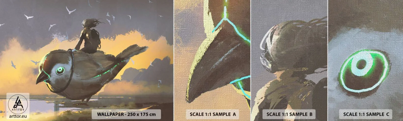 Fotobehang Monster Premium Canvas - Een tussenstop op een fantastische reis - Abstractie, Vogel, Fantasie - 100x30 cm