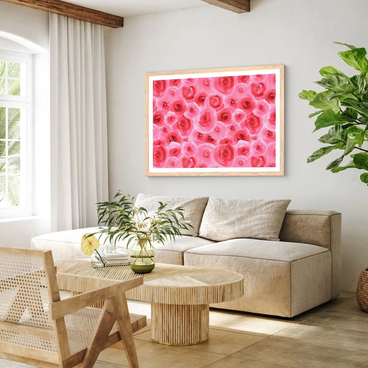 Een poster in een licht eiken lijst - Rozen onder en boven - 70x50 cm