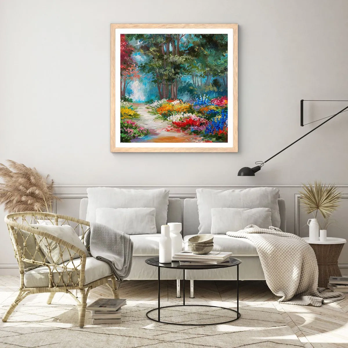 Een poster in een licht eiken lijst - Bostuin, bloemenbos - 60x60 cm