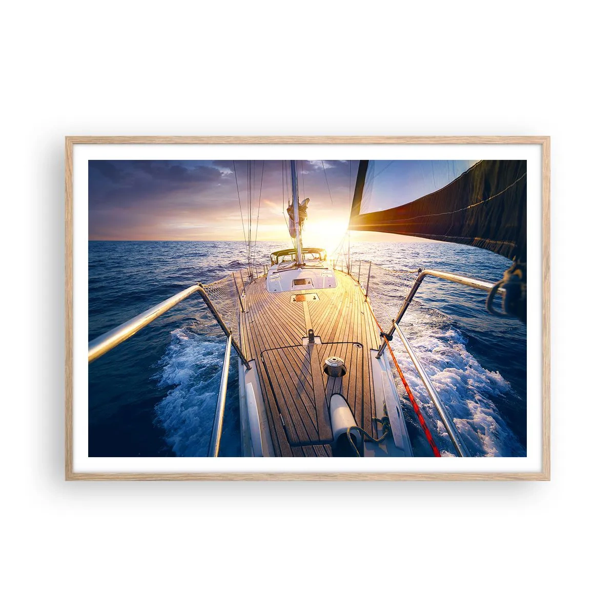 Een poster in een licht eiken lijst - Lopend op de golven - 100x70 cm