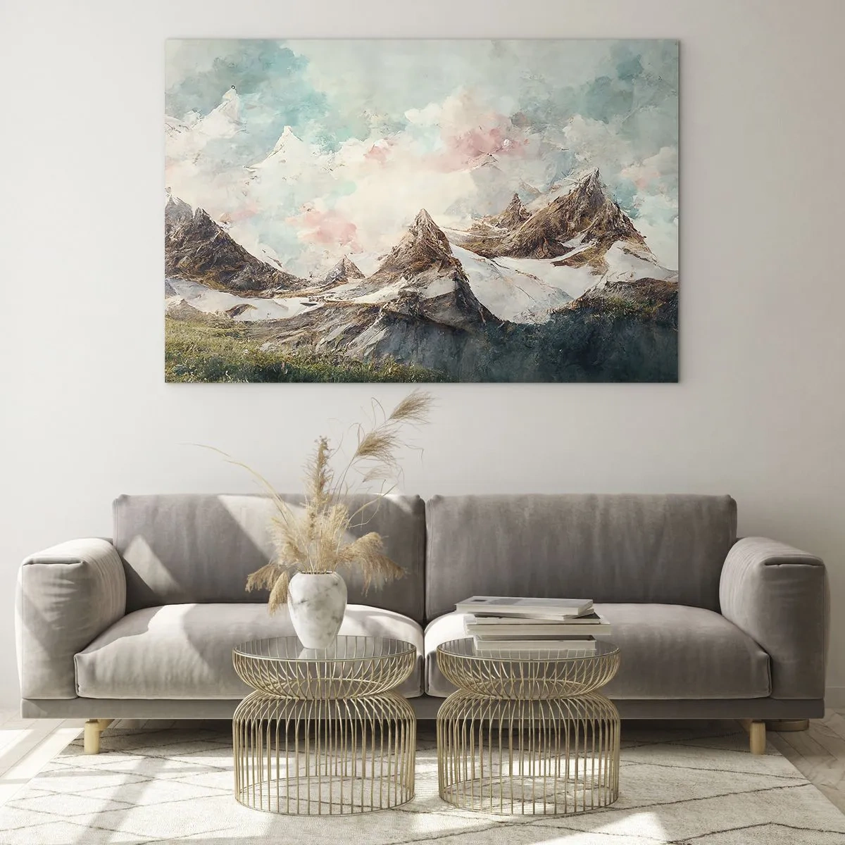 Schilderen op glas - Pittoreske bergtoppen met pastelkleurige luchten - 70x50cm - Rotsbladen - Moderne wanddecoratie voor woonkamer en slaapkamer ARTTOR