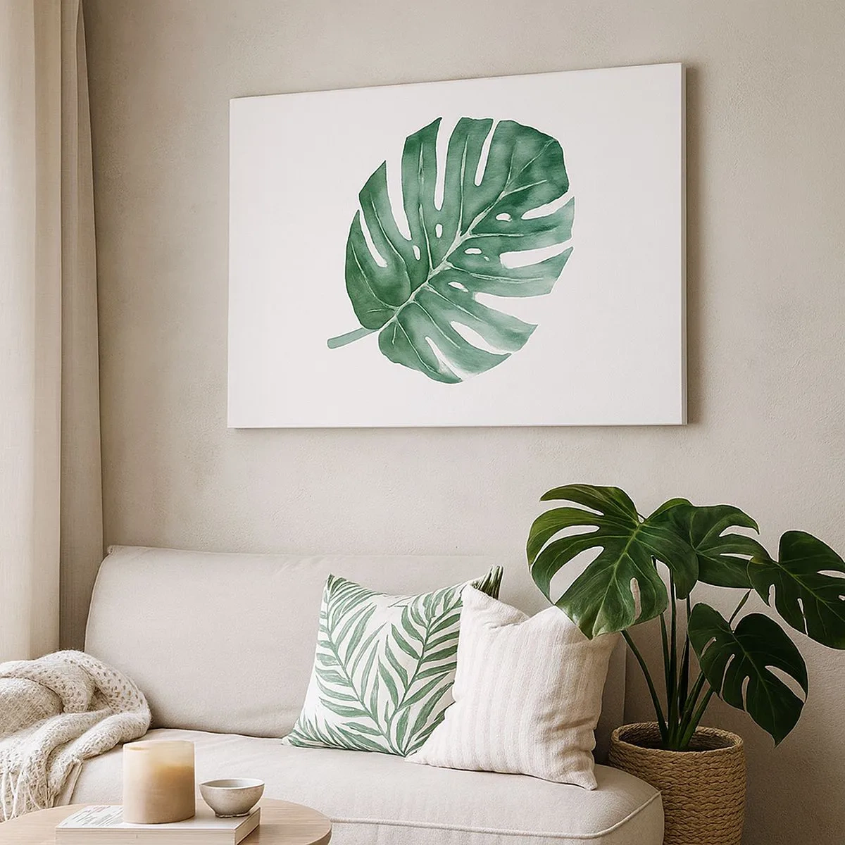 Schilderen op canvas - Groen monsterablad in minimalistische stijl - 70x50cm - Groen concept - Moderne wanddecoratie voor woonkamer en slaapkamer ARTTOR