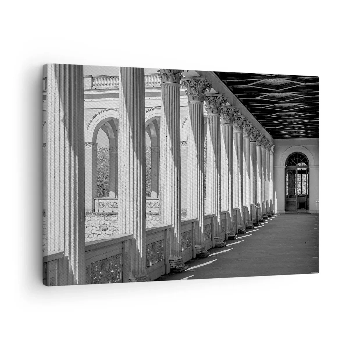 Schilderen op canvas - Klassieke zuilengalerij in zwart-wit - 70x50cm - Zonnige arcade - Moderne wanddecoratie voor woonkamer en slaapkamer ARTTOR