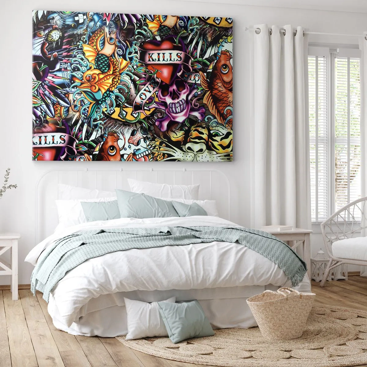 Schilderen op canvas - Kleurrijke tatoeagekunst met schedels en nautische motieven - 70x50cm - De droom van de tatoeëerder - Moderne wanddecoratie voor woonkamer en slaapkamer ARTTOR