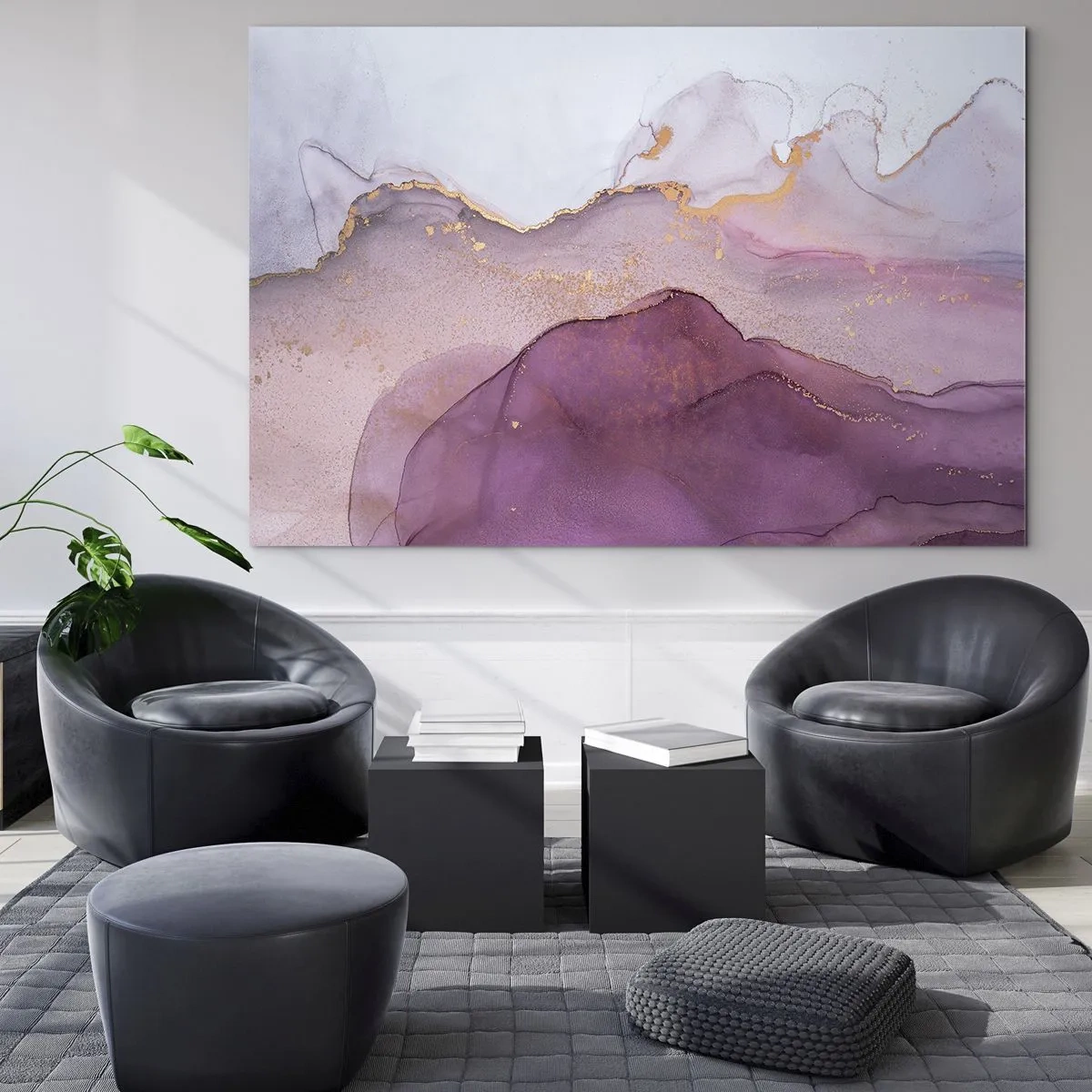 Schilderen op glas - Abstracte golven in tinten paars met gouden accenten - 70x50cm - Lila en paarse golven - Moderne wanddecoratie voor woonkamer en slaapkamer ARTTOR