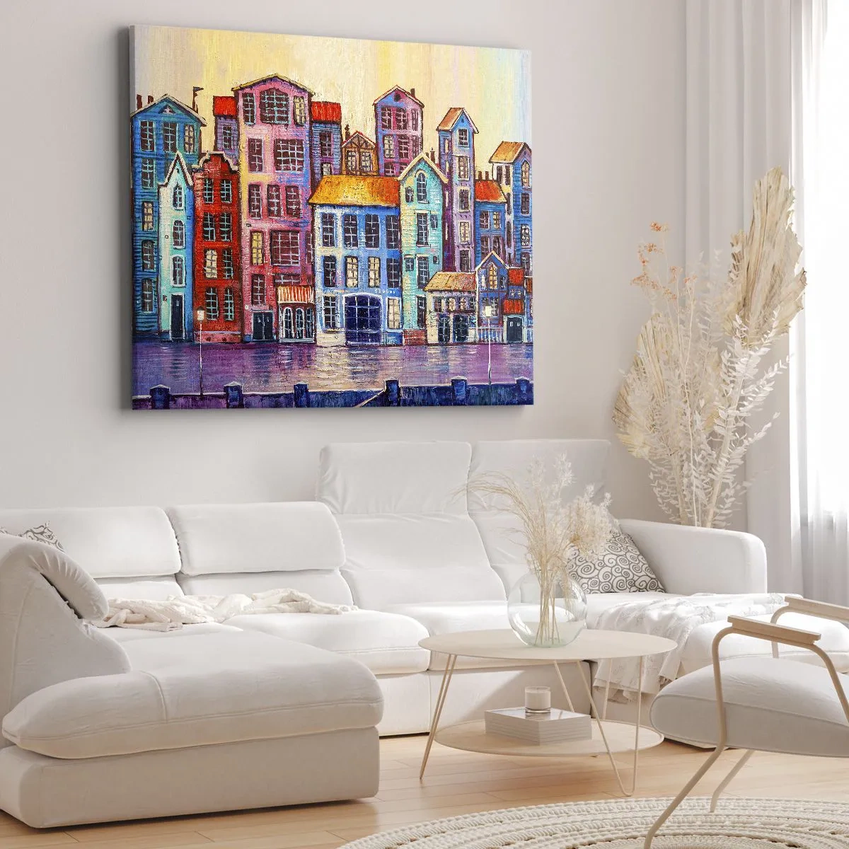 Schilderen op canvas - Kleurrijke huurkazernes aan het water in artistieke stijl - 70x50cm - Een stad als uit een sprookje - Moderne wanddecoratie voor woonkamer en slaapkamer ARTTOR