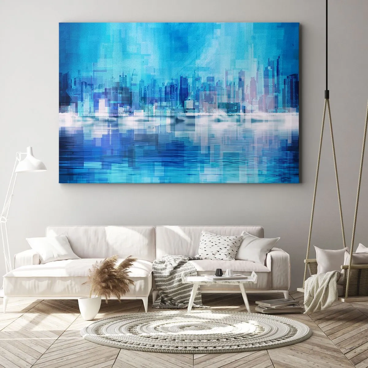 Schilderen op canvas - Abstract stadsgezicht in blauwtinten - 70x50cm - Verdronken in het blauw - Moderne wanddecoratie voor woonkamer en slaapkamer ARTTOR