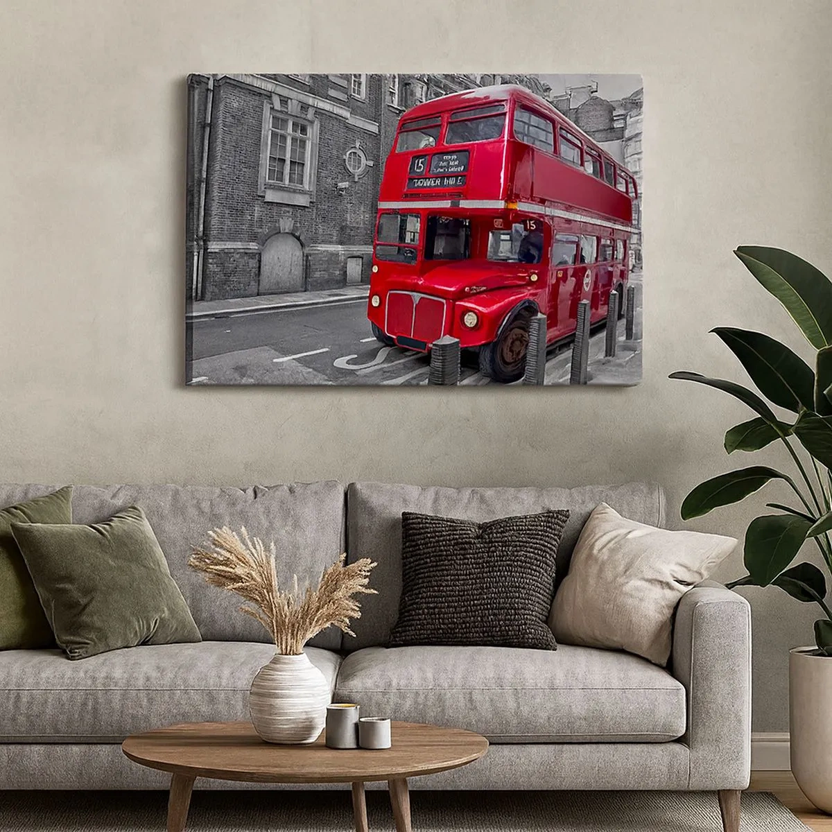 Schilderen op canvas - Een rode dubbeldekkerbus in Londen tegen een achtergrond van klassieke architectuur - 70x50cm - Altijd hetzelfde - Moderne wanddecoratie voor woonkamer en slaapkamer ARTTOR