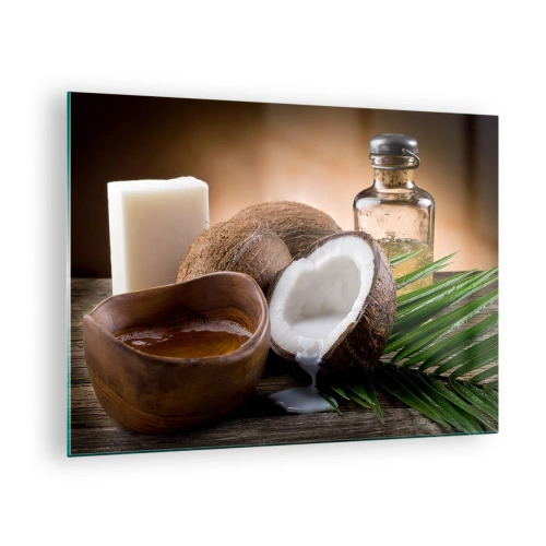 Schilderen op glas - Natuurlijke ingrediënten met kokos en olie op een houten achtergrond - 70x50cm - Gezondheid van tropische eilanden - Moderne wanddecoratie voor woonkamer en slaapkamer ARTTOR