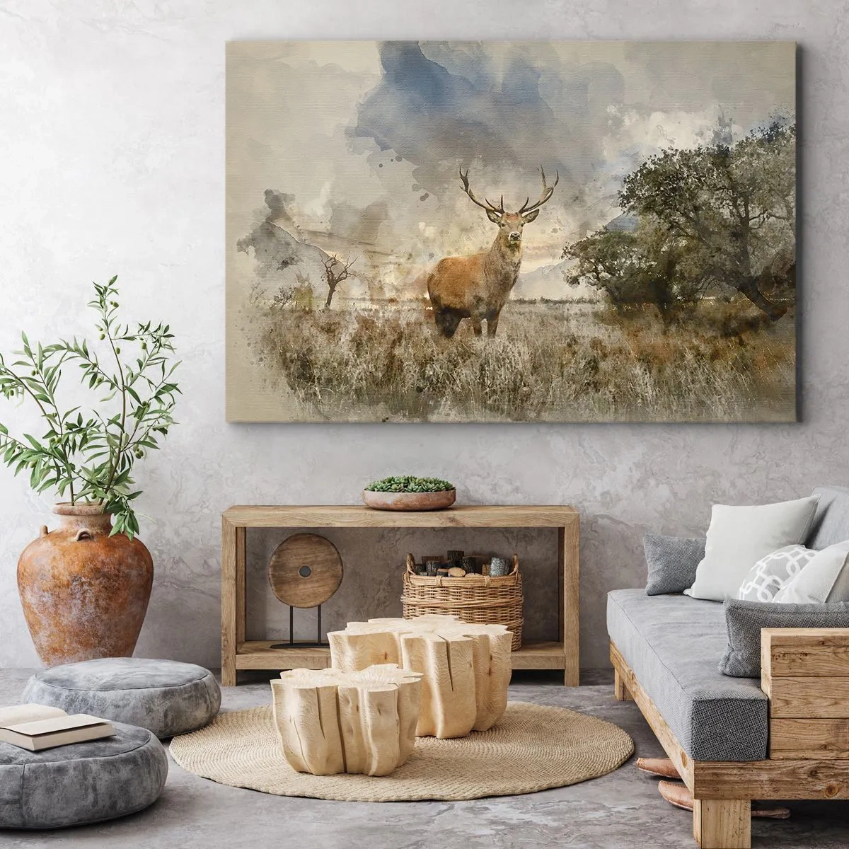 Schilderen op canvas - Een hert in een natuurlijke omgeving in aquarelstijl - 70x50cm - Waardigheid - kracht - waardigheid - Moderne wanddecoratie voor woonkamer en slaapkamer ARTTOR