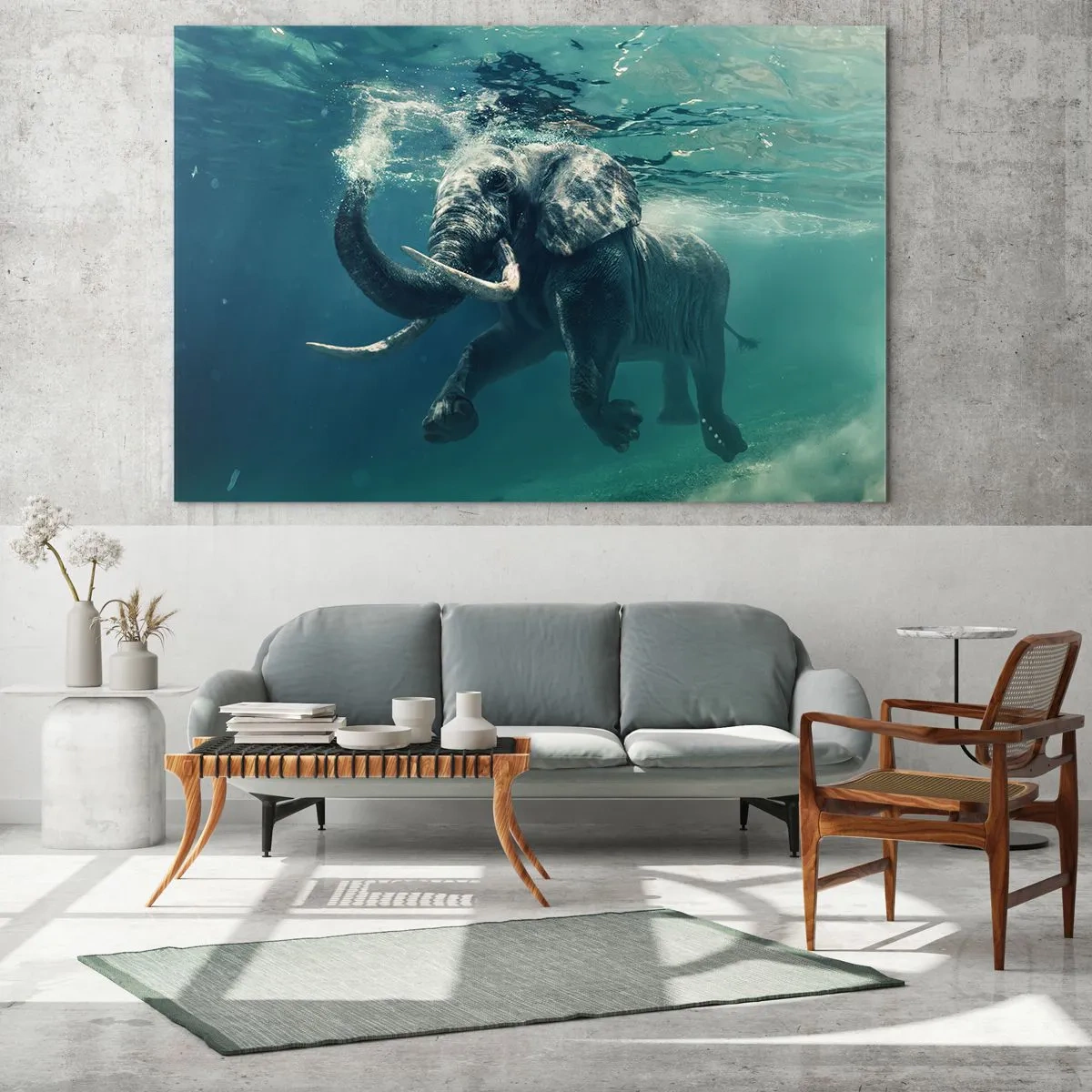 Schilderen op glas - Een olifant zwemt onder water in de blauwe oceaan - 70x50cm - Iedereen houdt van zwemmen - Moderne wanddecoratie voor woonkamer en slaapkamer ARTTOR