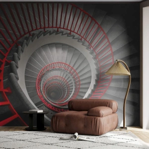 Fotobehang Standard Eco - Zwarte en rode wenteltrap in moderne stijl - 100x70cm - Architectuur plezier - Moderne wanddecoratie voor woonkamer en slaapkamer ARTTOR