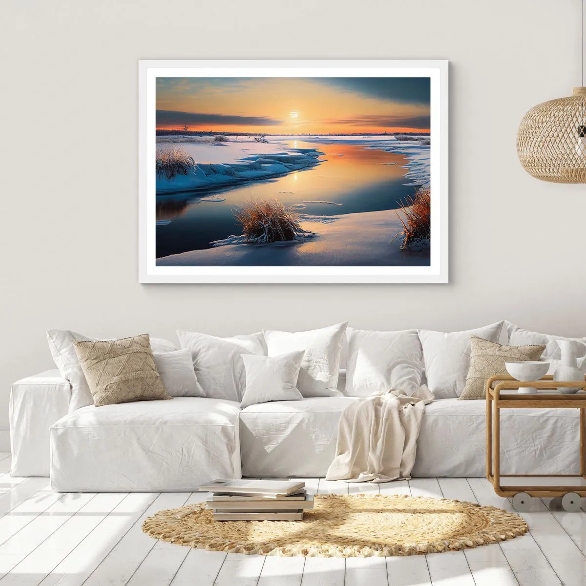 Poster in een witte lijst - Winterse zonsondergang - 100x70 cm