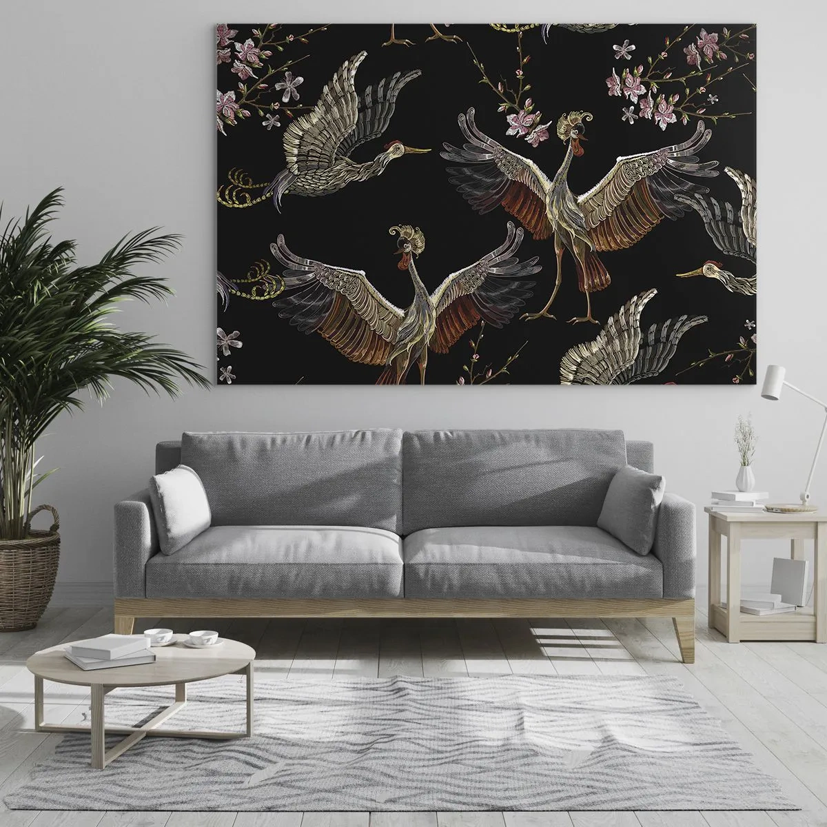 Schilderen op glas - Vogels in vlucht met bloemen op een zwarte achtergrond, retrostijl - 70x50cm - Een sprookjesvogel - Moderne wanddecoratie voor woonkamer en slaapkamer ARTTOR