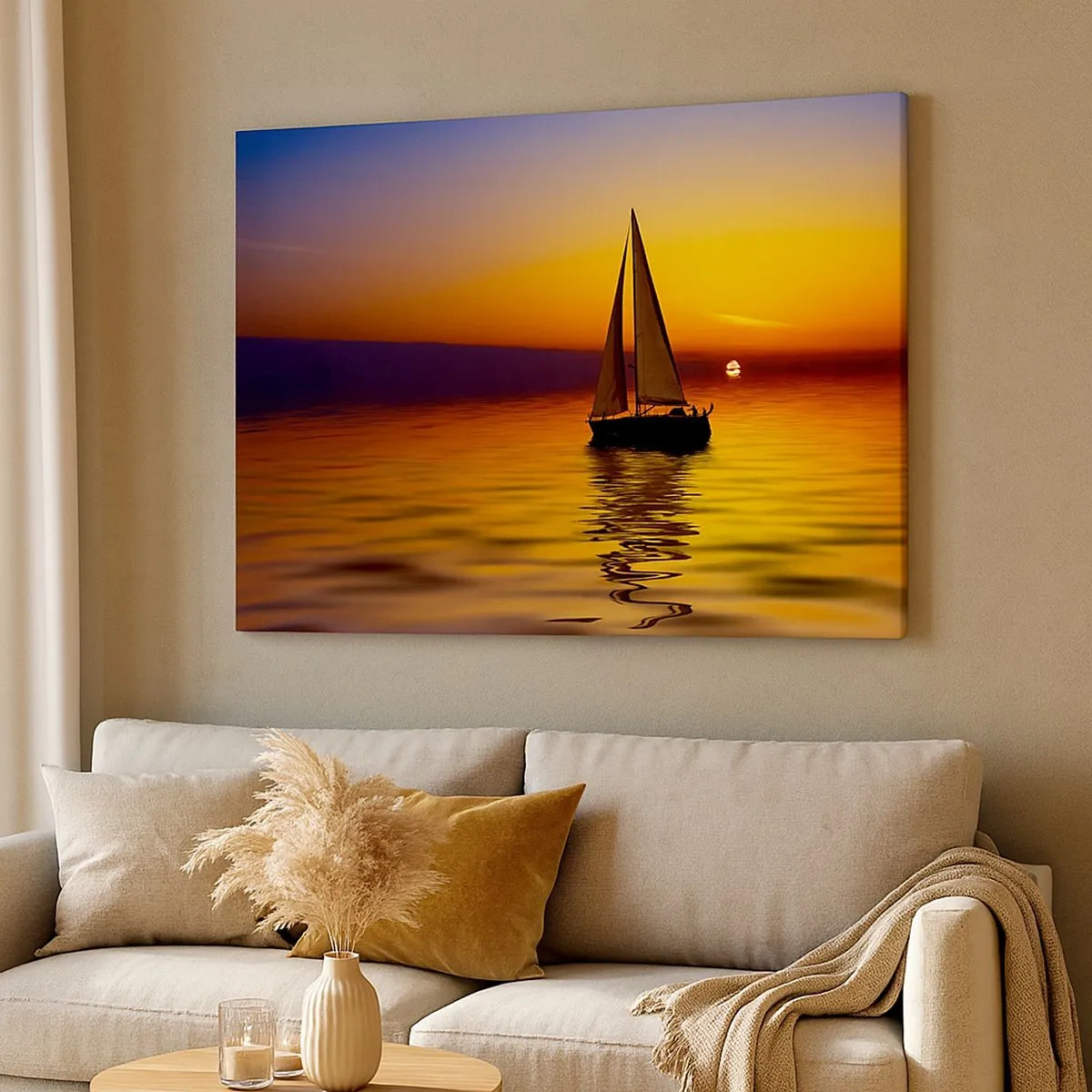 Schilderen op canvas - Een zeilboot op een kalme zee bij zonsondergang - 70x50cm - Hoe stil is het hier in de schemering... - Moderne wanddecoratie voor woonkamer en slaapkamer ARTTOR