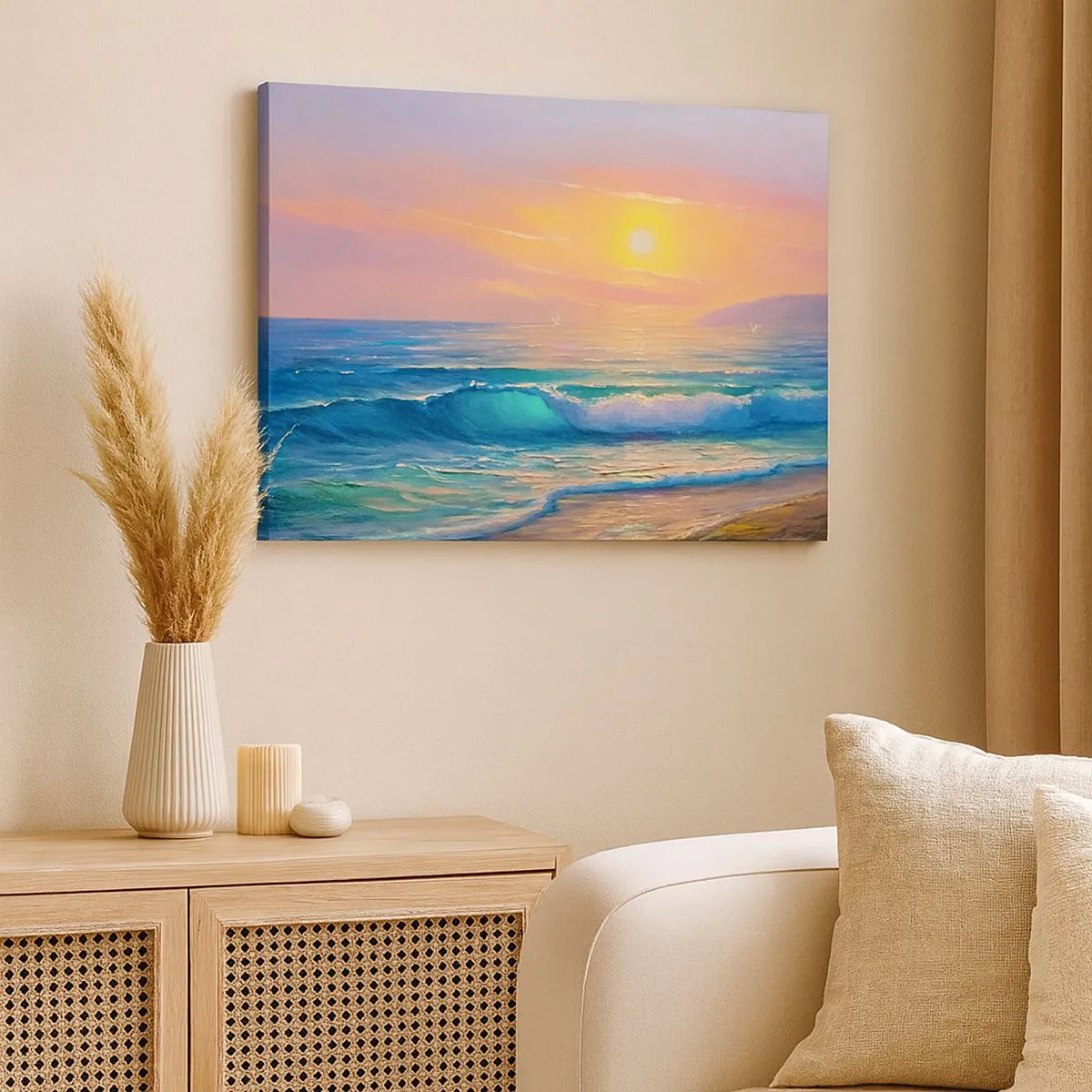 Schilderen op canvas - Zeelandschap met zonsondergang - 70x50cm - Een turquoise lied van de golven - Moderne wanddecoratie voor woonkamer en slaapkamer ARTTOR