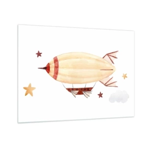 Schilderen op glas - Een cartoon luchtschip tussen de sterren op een witte achtergrond - 70x50cm - Luchtschip - Moderne wanddecoratie voor woonkamer en slaapkamer ARTTOR