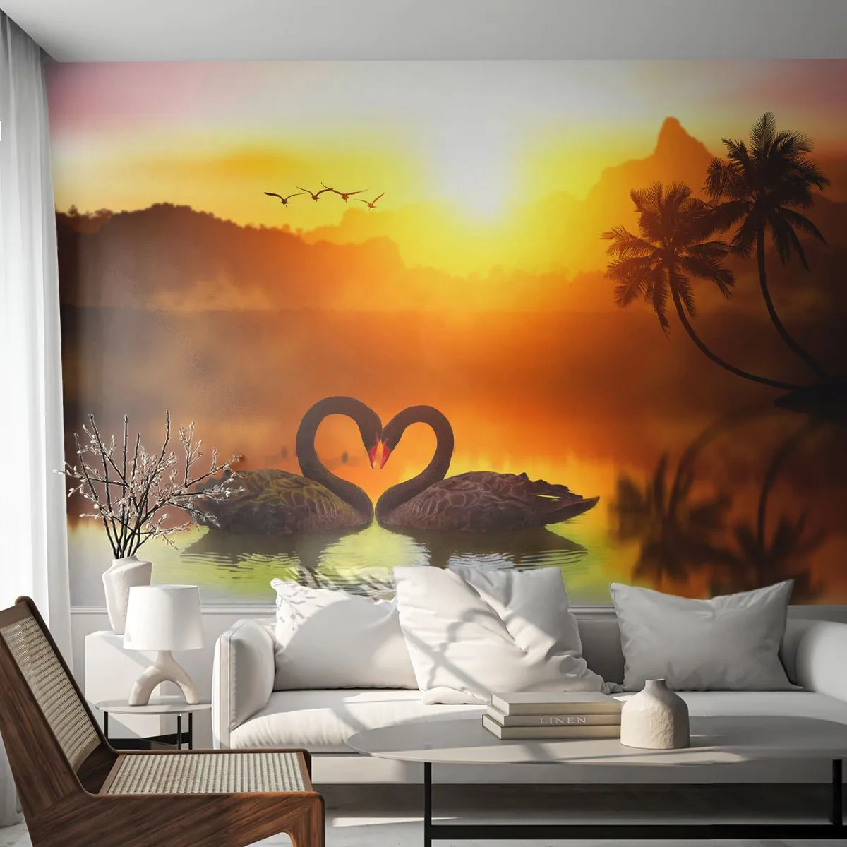 Zelfklevend Fotobehang Deluxe Sticker - Alles gaat samen - Hart, Zwanen, Kokospalm - 250x175 cm
