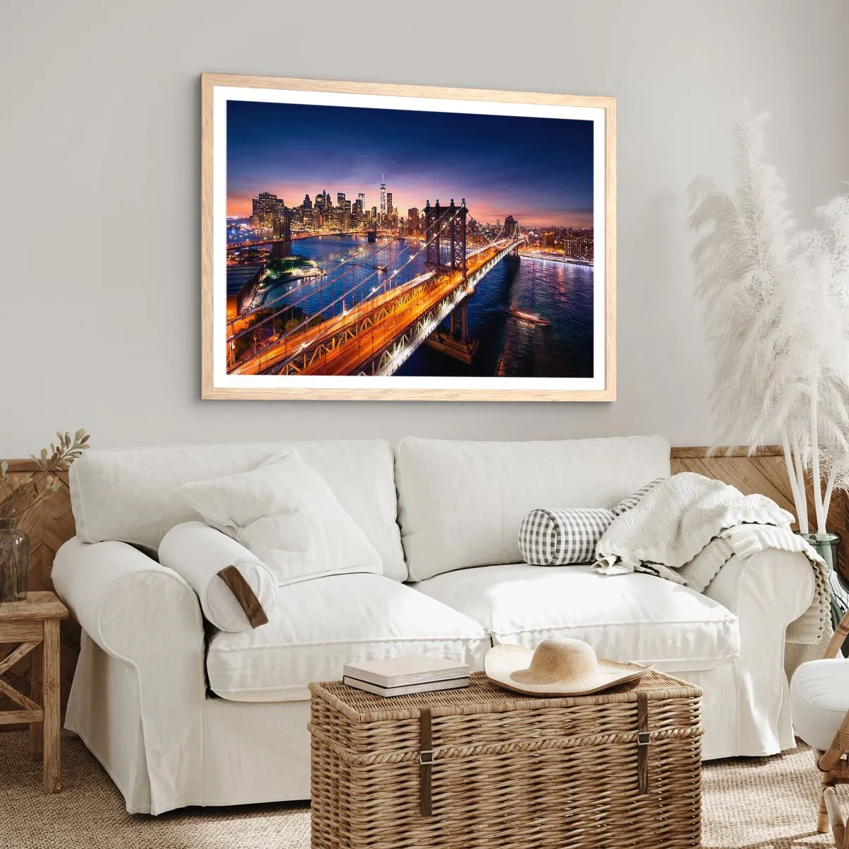 Een poster in een licht eiken lijst - Een stralende brug naar het hart van de stad - 70x50 cm