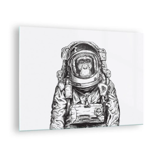 Schilderen op glas - Schets van een aap in een astronautenpak op een witte achtergrond - 70x50cm - Alternatieve evolutie - Moderne wanddecoratie voor woonkamer en slaapkamer ARTTOR