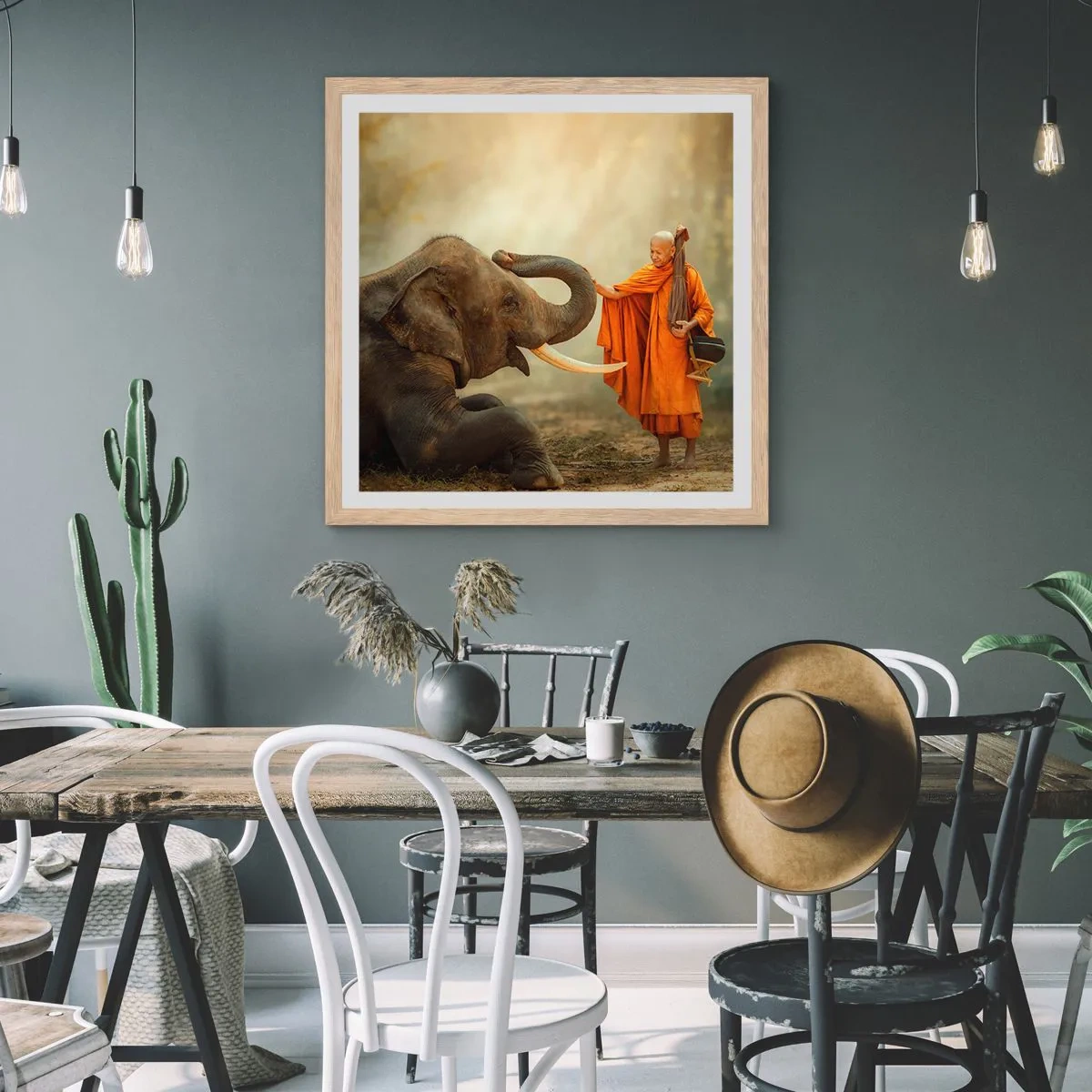 Een poster in een licht eiken lijst - Ontmoeting tijdens een reis - 60x60 cm