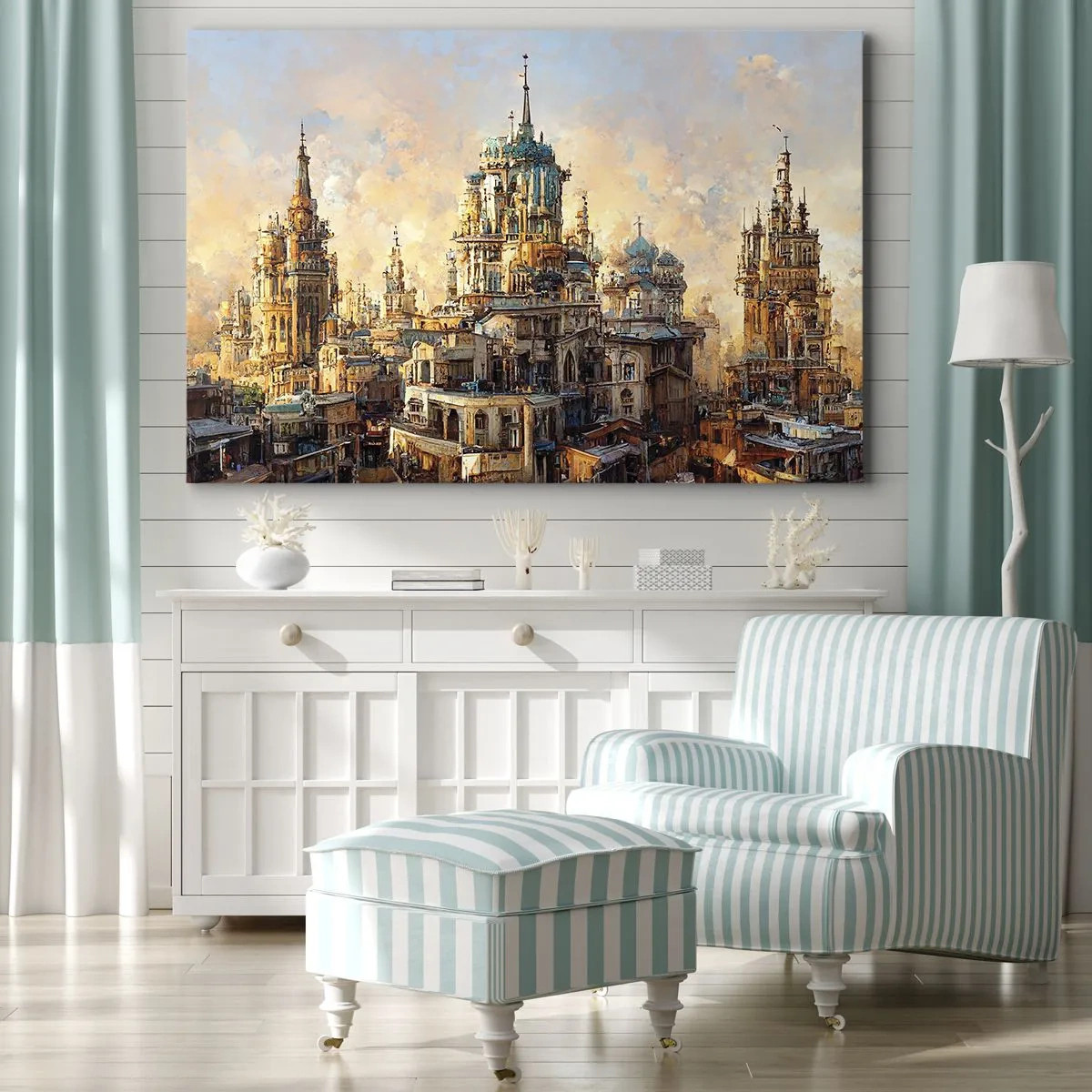 Schilderen op canvas - Architectonische torens in de stralen van de ondergaande zon - 70x50cm - Stad der steden - Moderne wanddecoratie voor woonkamer en slaapkamer ARTTOR