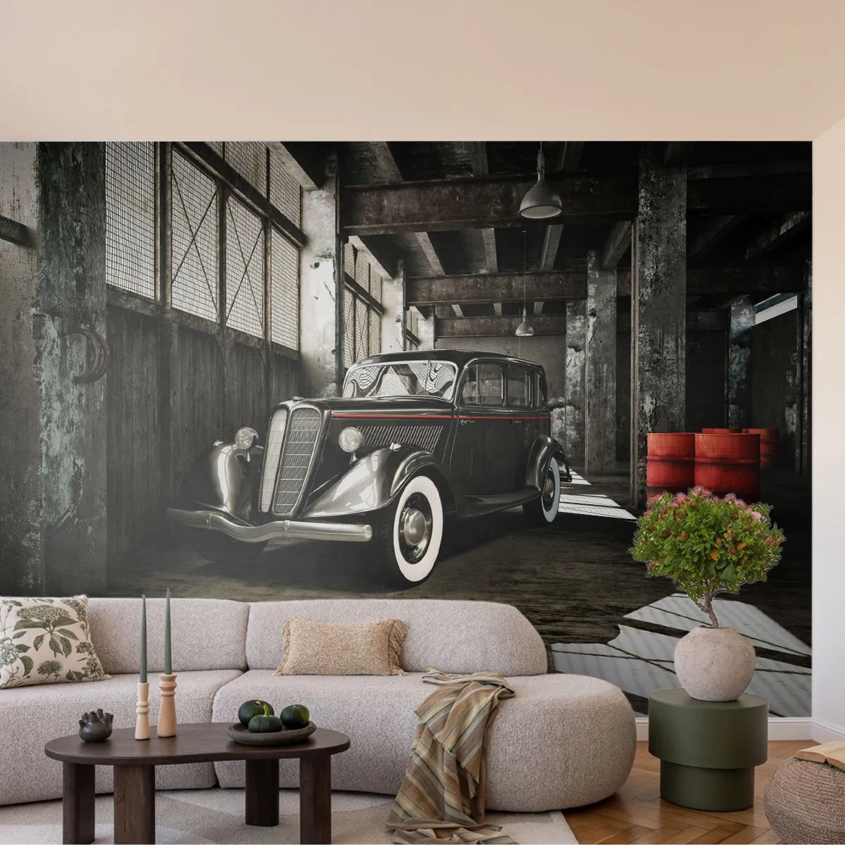 Fotobehang Premium Sand - De eeuwige elegantie van de jaren 30 - Automobiel, Retro-auto, Fabriek magazijn - 350x256 cm