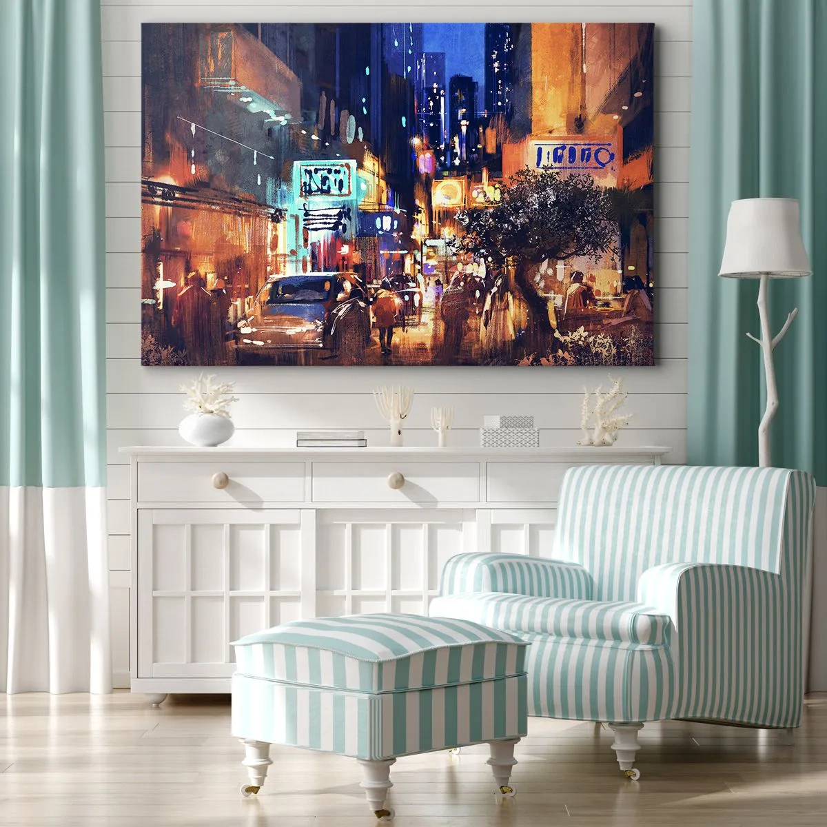 Schilderen op canvas - Avondstadsgezicht in impressionistische stijl - 70x50cm - En de stad is wakker - Moderne wanddecoratie voor woonkamer en slaapkamer ARTTOR