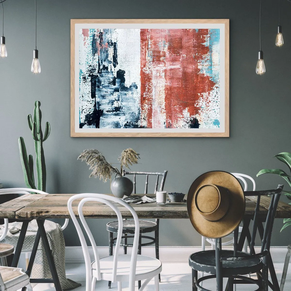 Een poster in een licht eiken lijst - Fifty Fifty abstract - 91x61 cm