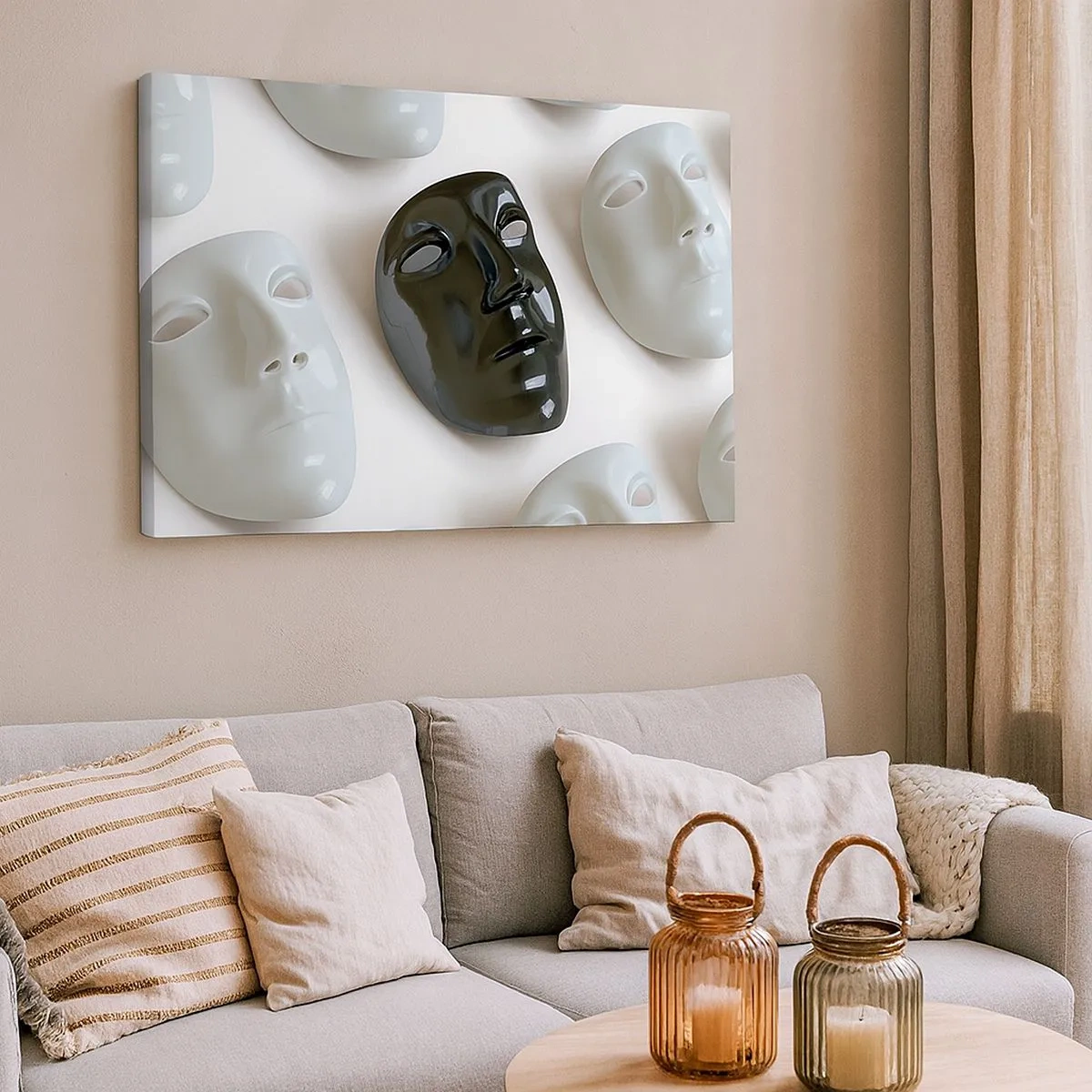 Schilderen op canvas - Zwart-witte maskers op een lichte achtergrond - 70x50cm - Hoe opvallen? - Moderne wanddecoratie voor woonkamer en slaapkamer ARTTOR