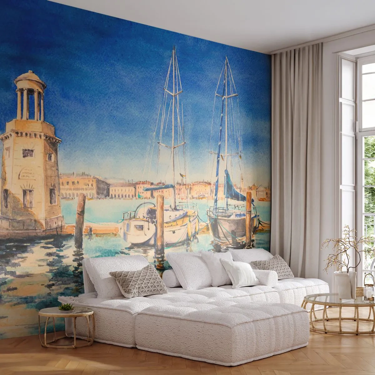 Fotobehang Standard Eco - Zonnige lagune - Haven, Landschap, Vuurtoren - 300x210 cm