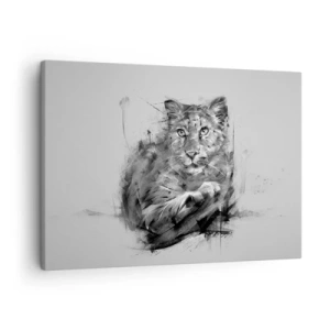 Schilderen op canvas - Zwart-witportret van een leeuw, artistiek vormgegeven met dynamische penseelstreken. - 70x50cm - Ja, ik luister aandachtig - Moderne wanddecoratie voor woonkamer en slaapkamer ARTTOR